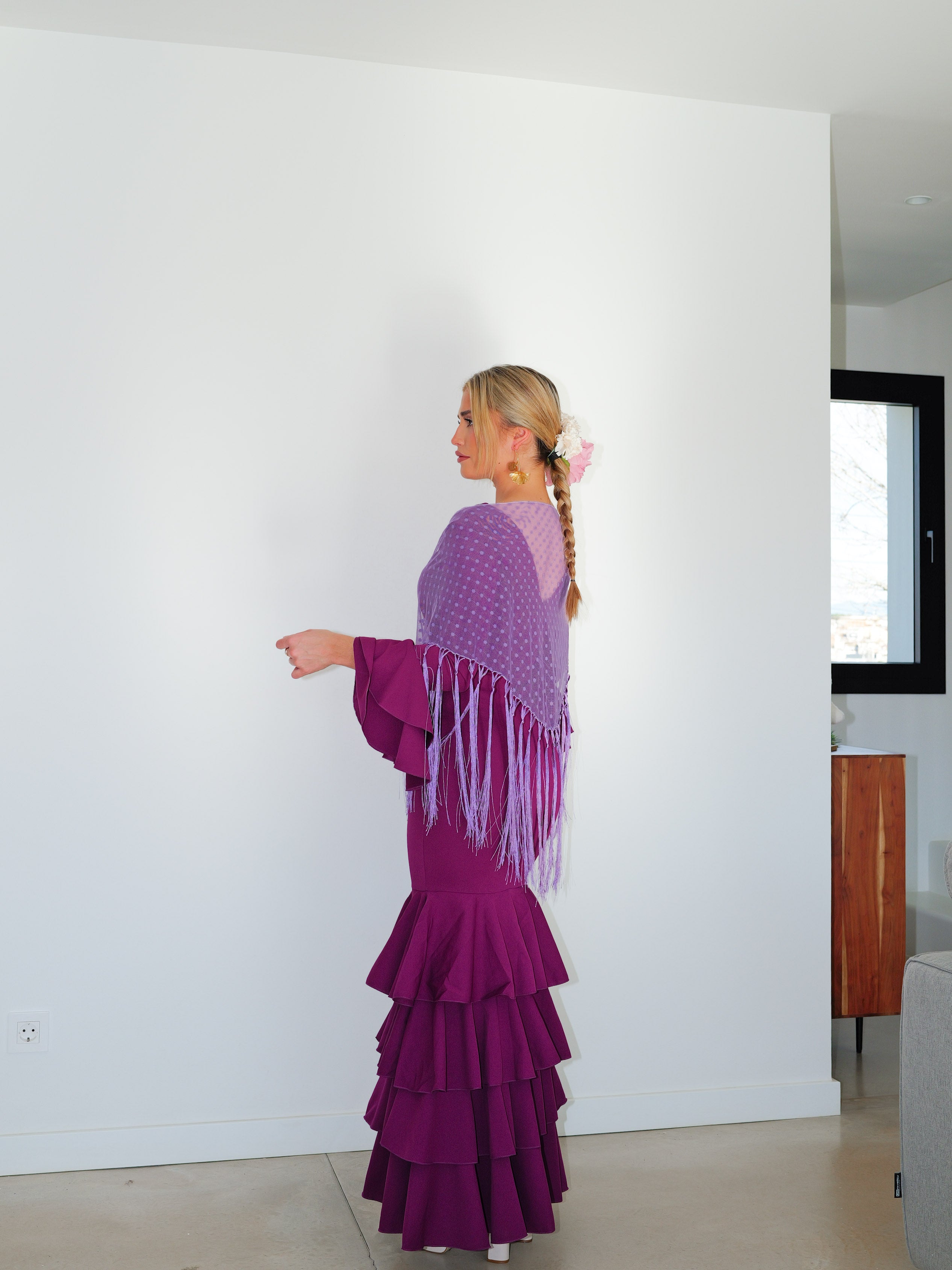 Châle flamenco à pois lilas