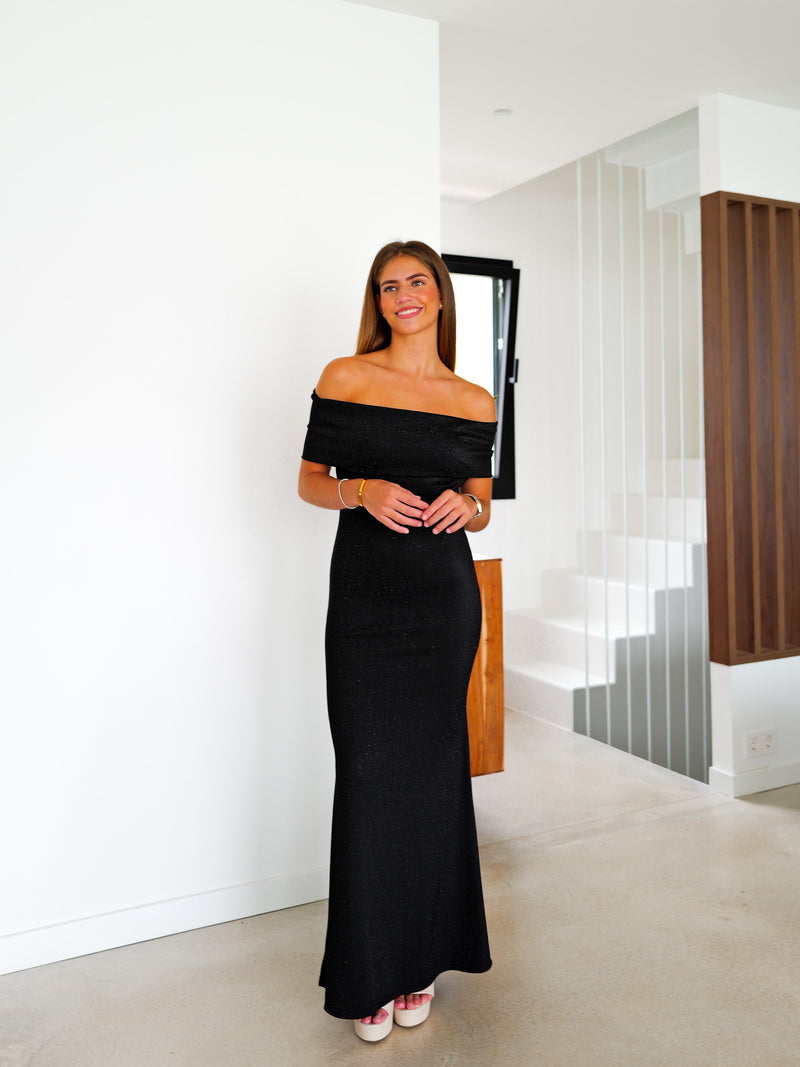 Robe à dos bardot en lurex noir