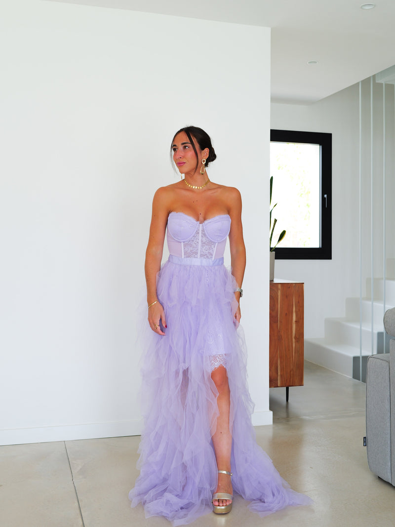 Robe à corset dentelle volants lilas