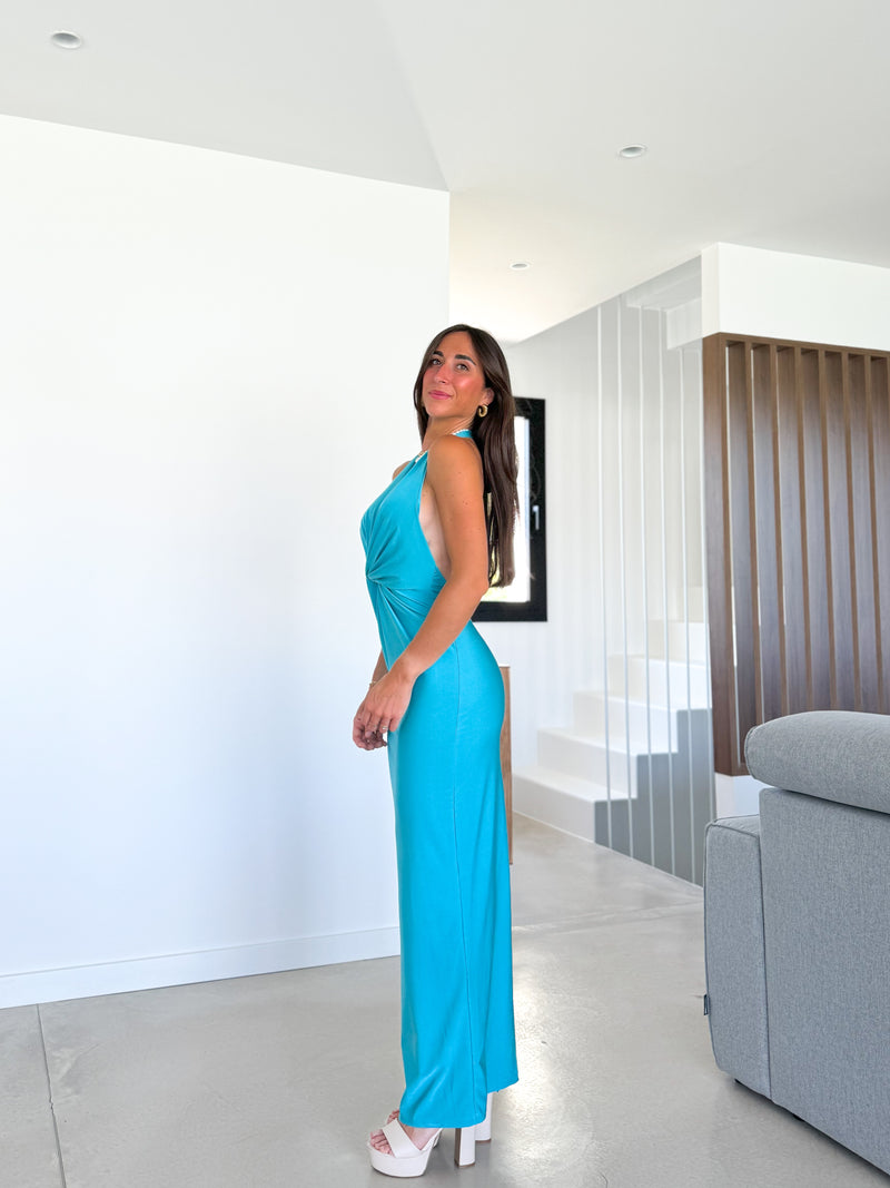 Robe longue turquoise turquoise col V nœud