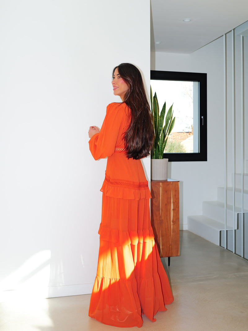 Robe à col en V brodée orange