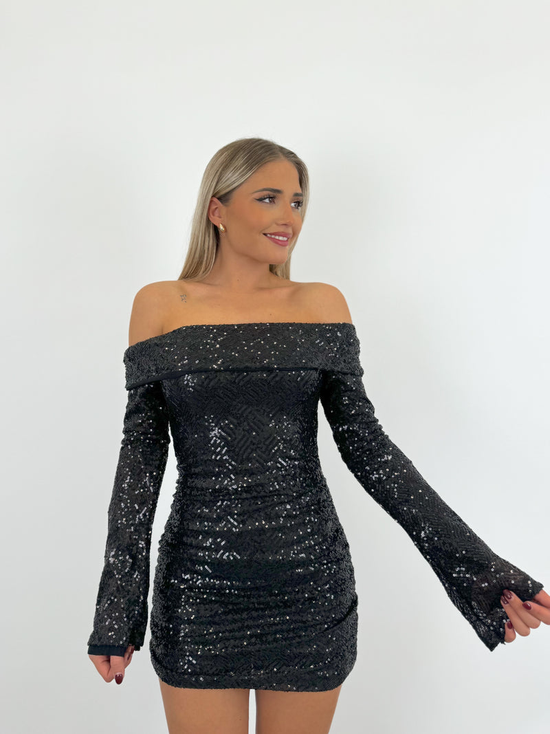 Robe bardot à paillettes noires