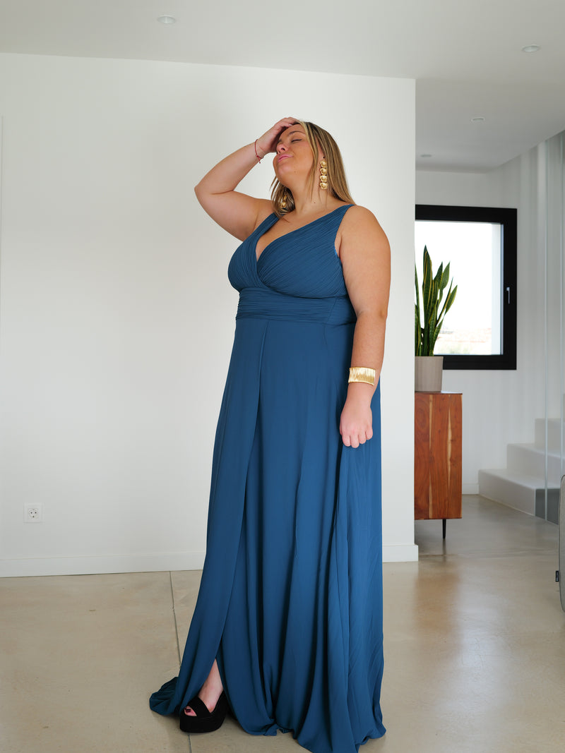 Robe longue avec décolleté en V drapé en pétrole