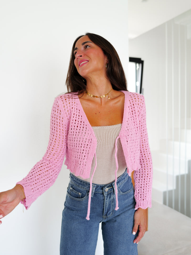 Mini cardigan rose à nœuds