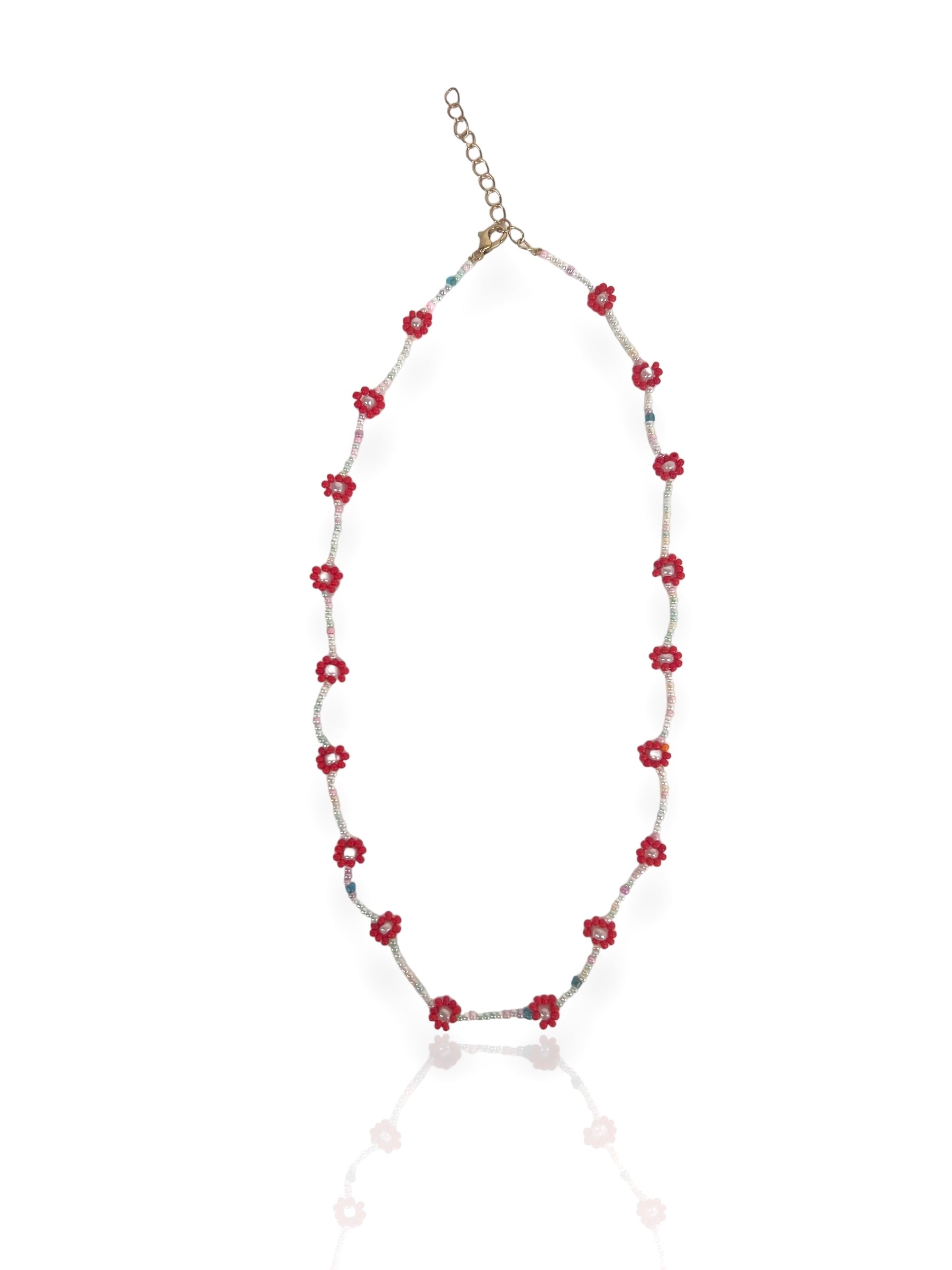 Collier rose fleurs rouges