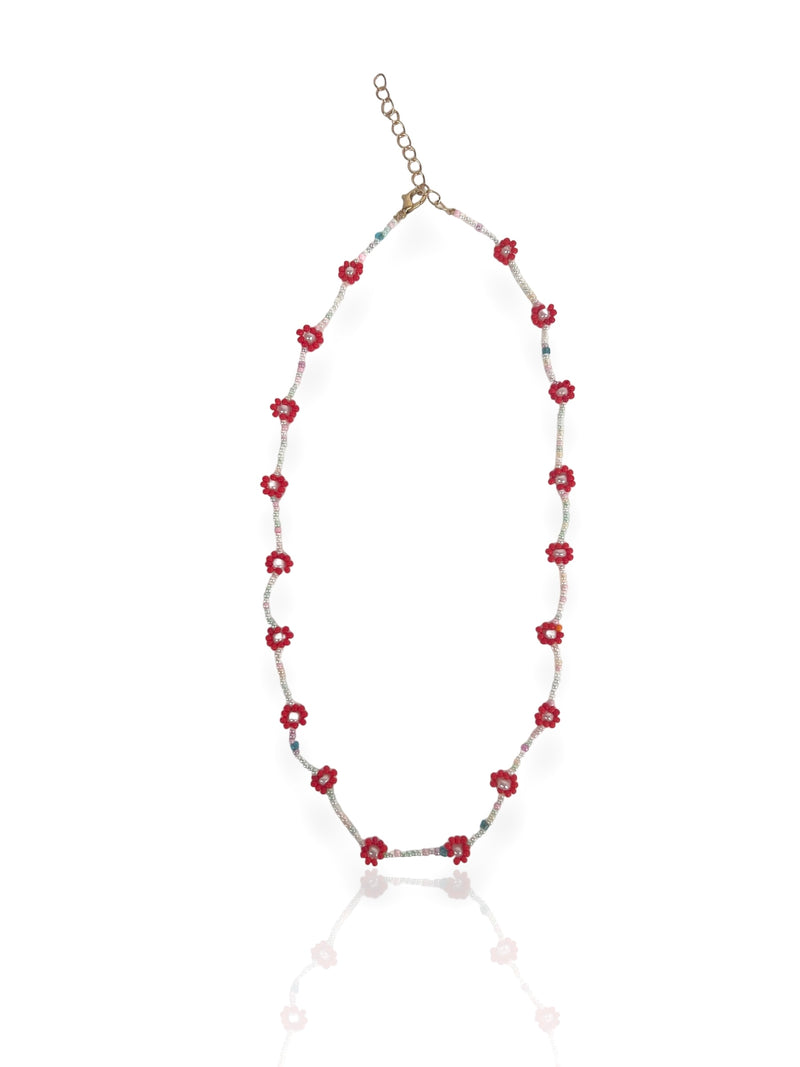 Collier rose fleurs rouges