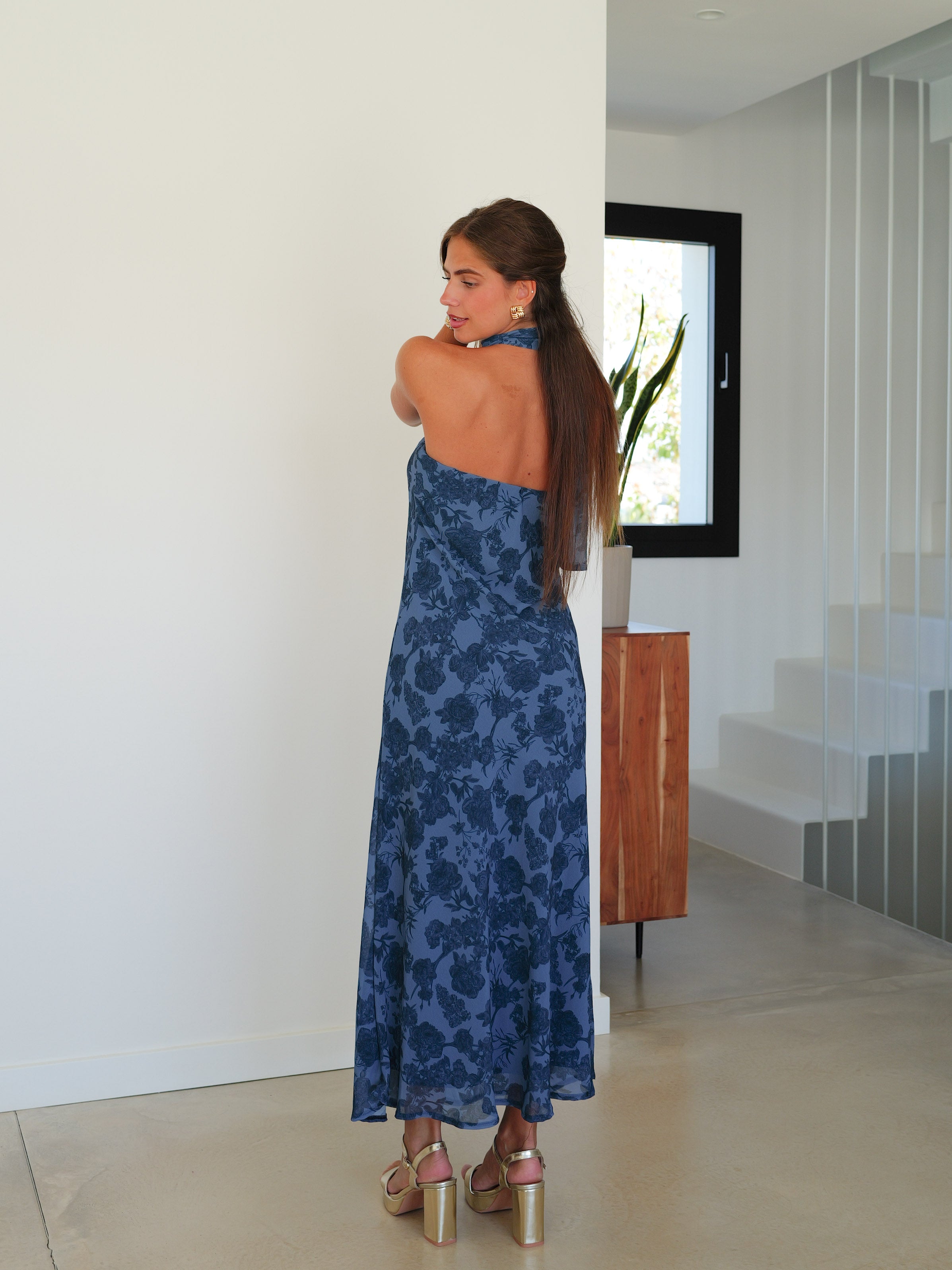 Robe à mot tour de cou imprimé bleu