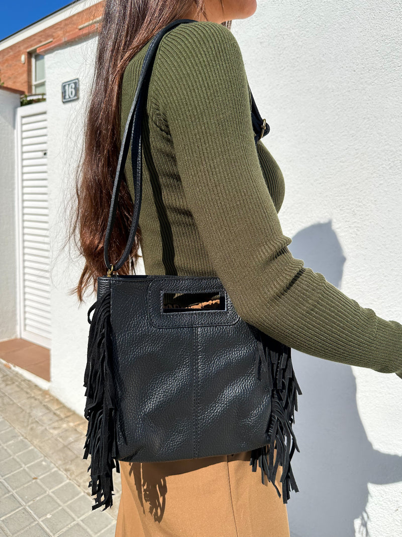 Sac en cuir lisse avec franges noir