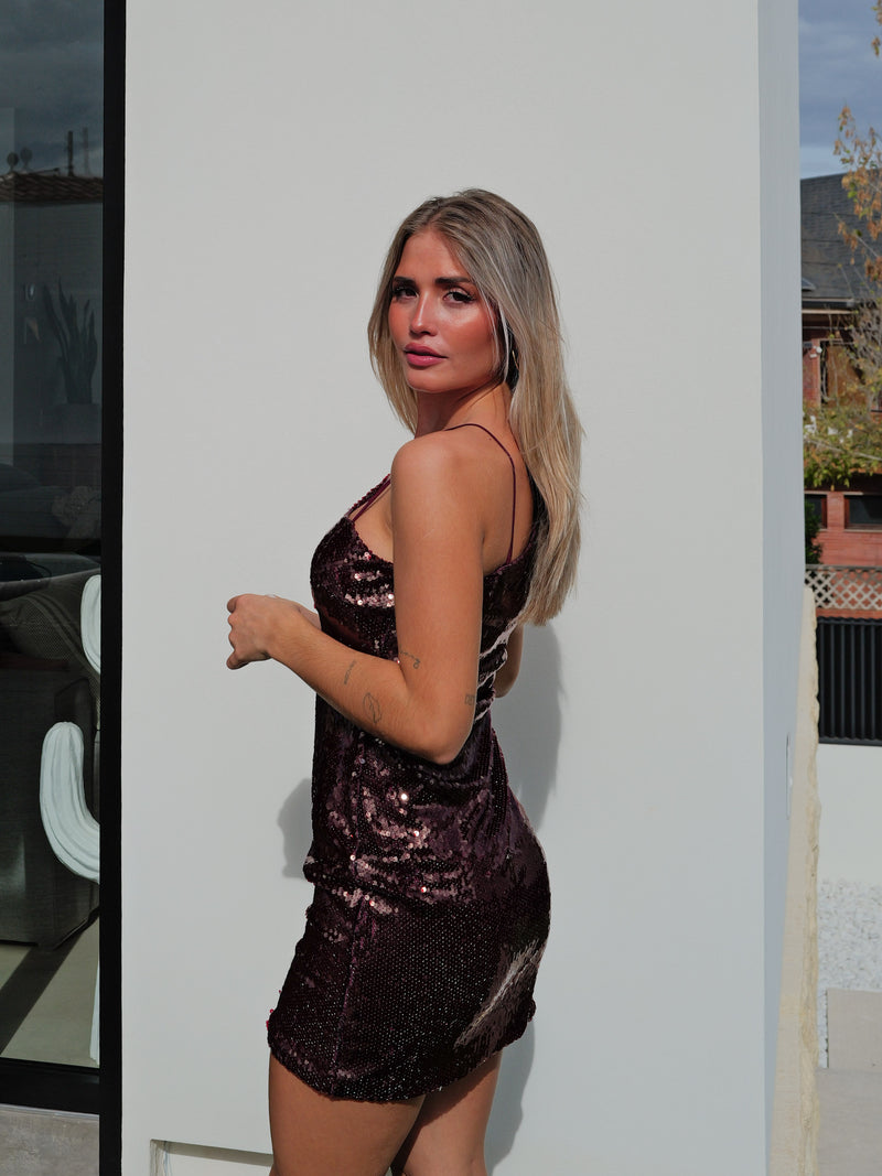 Robe bustier avec paillettes bordeaux