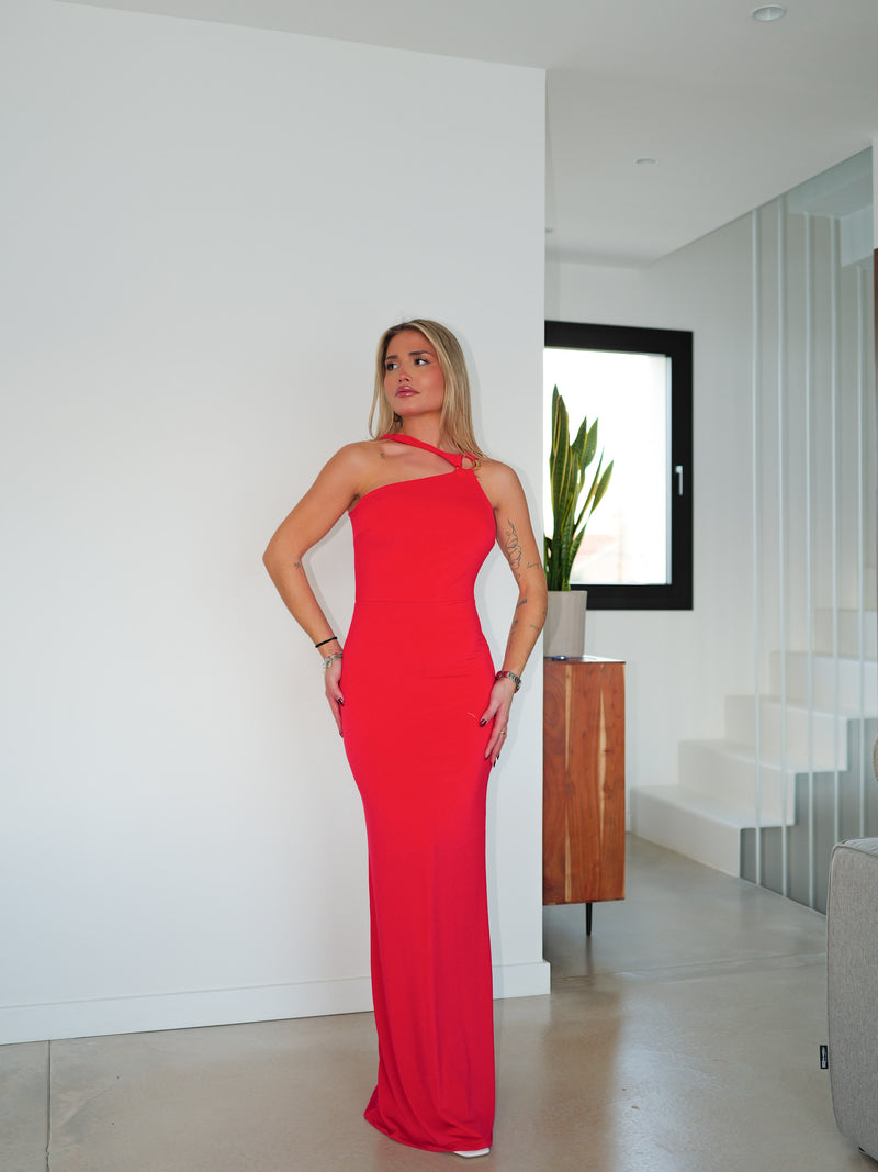 Robe longue avec anneau asymétrique rouge