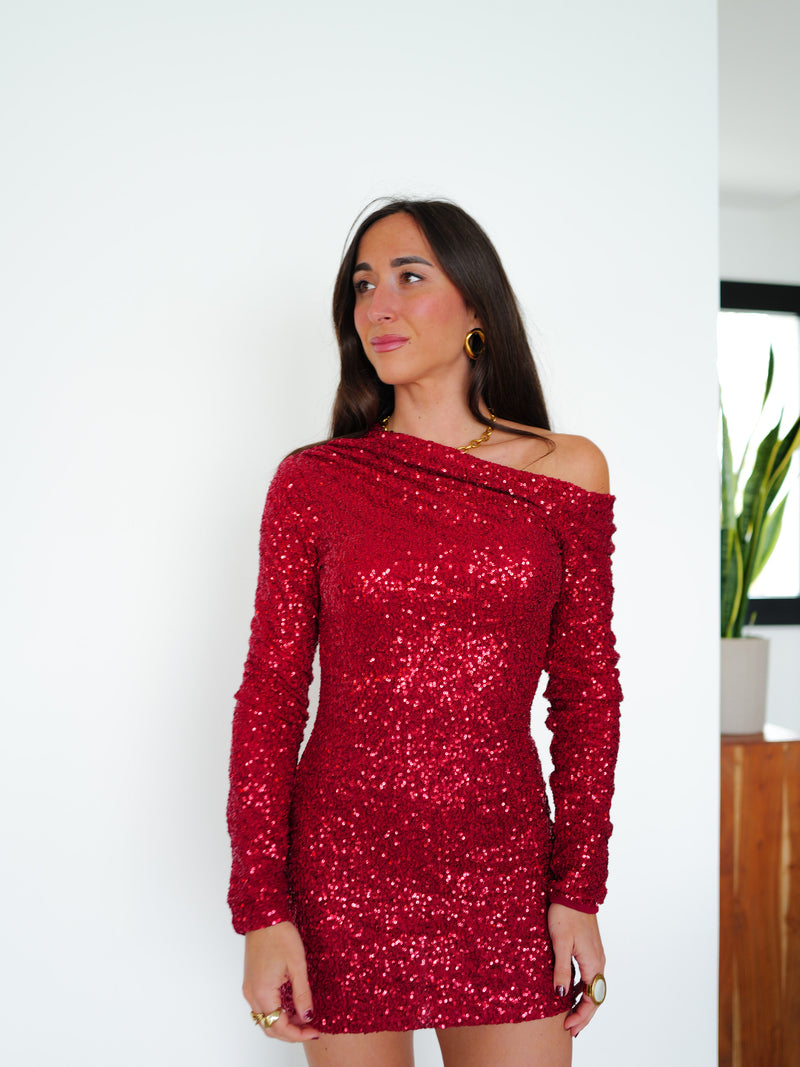 Vestido mini asimetrico glitter rojo