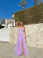 Robe à bretelles spaghetti en tulle lilas