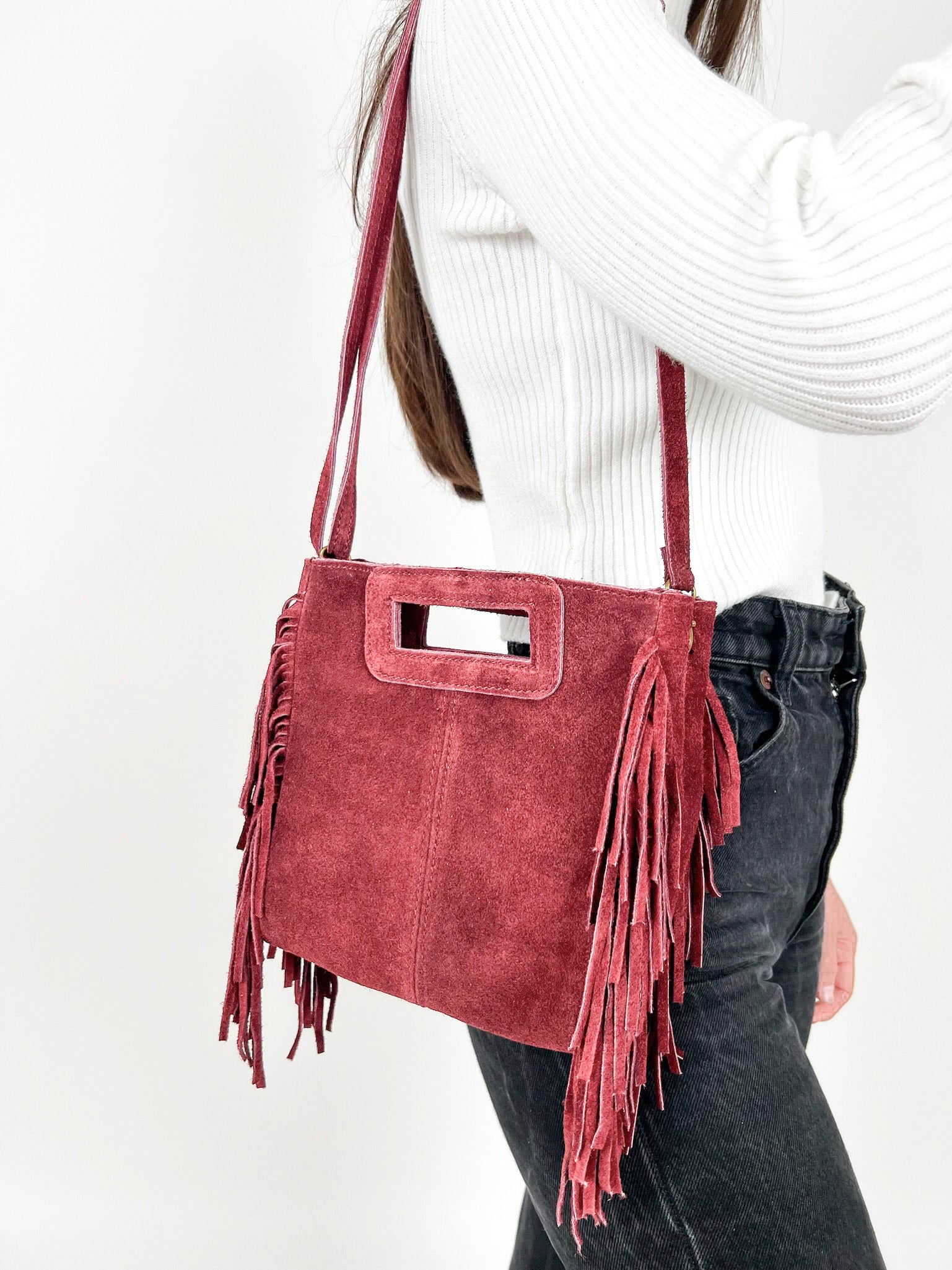 Sac en cuir frangé bordeaux