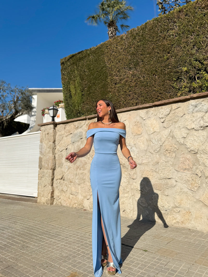 Robe bardot ajustée bleu clair