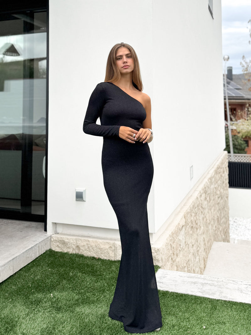 Robe longue asymétrique en lurex noir