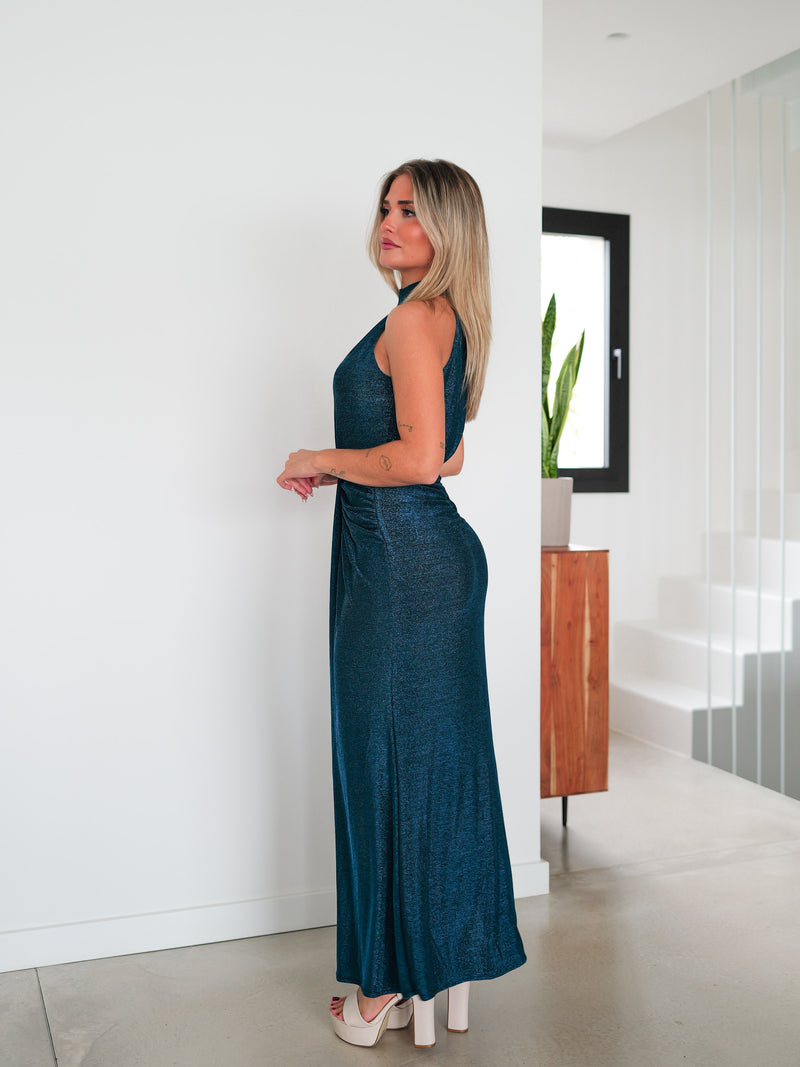 Robe dos nu en lurex bleu ovale