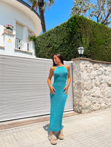 Robe dos nu en maille turquoise