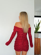 Vestido bardot glitter burdeos