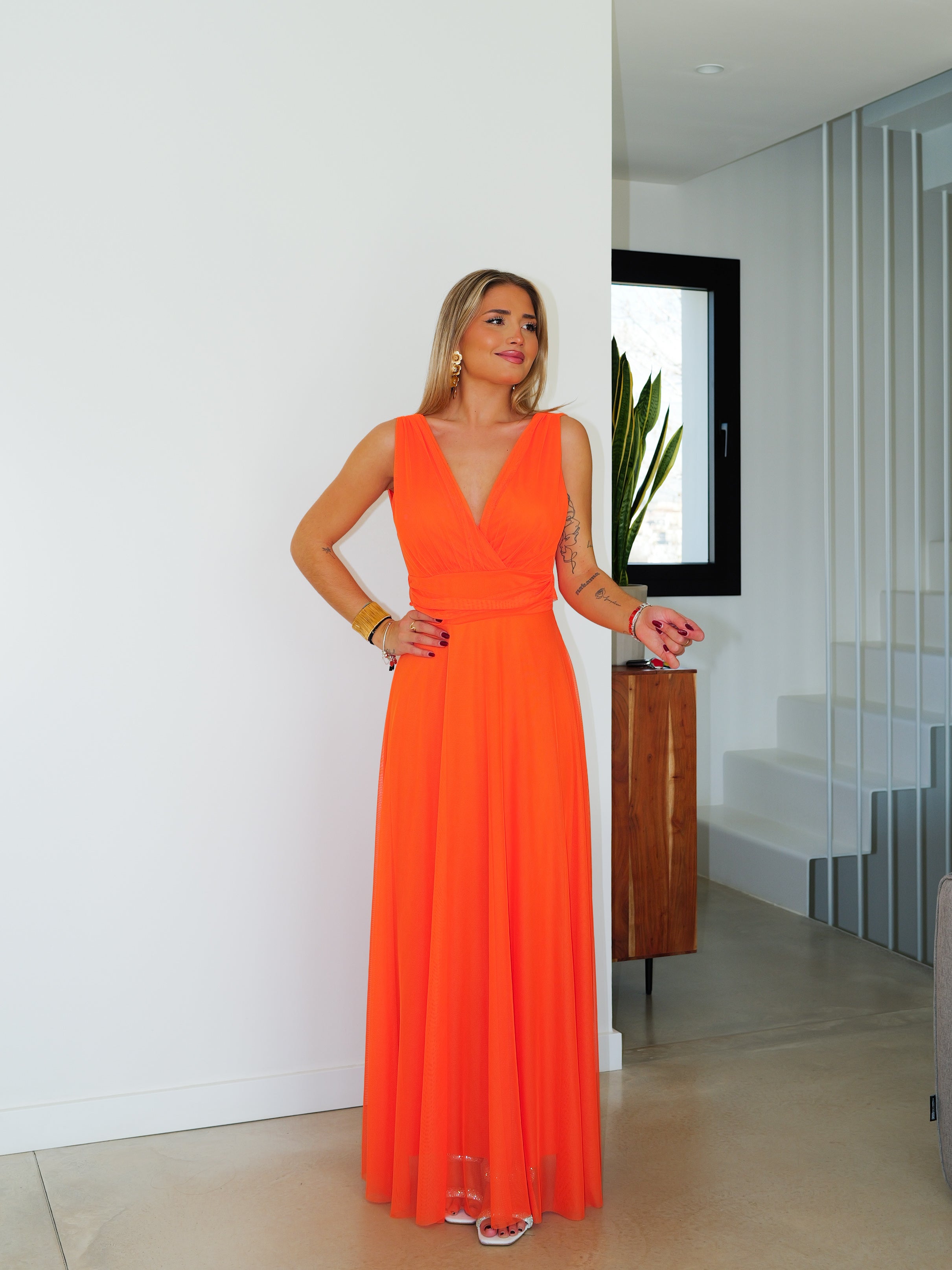 Robe en tulle à col en V orange