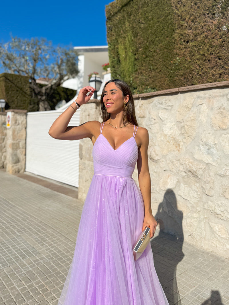 Robe à bretelles spaghetti en tulle lilas