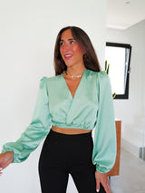 Blouse croisée en satin menthe