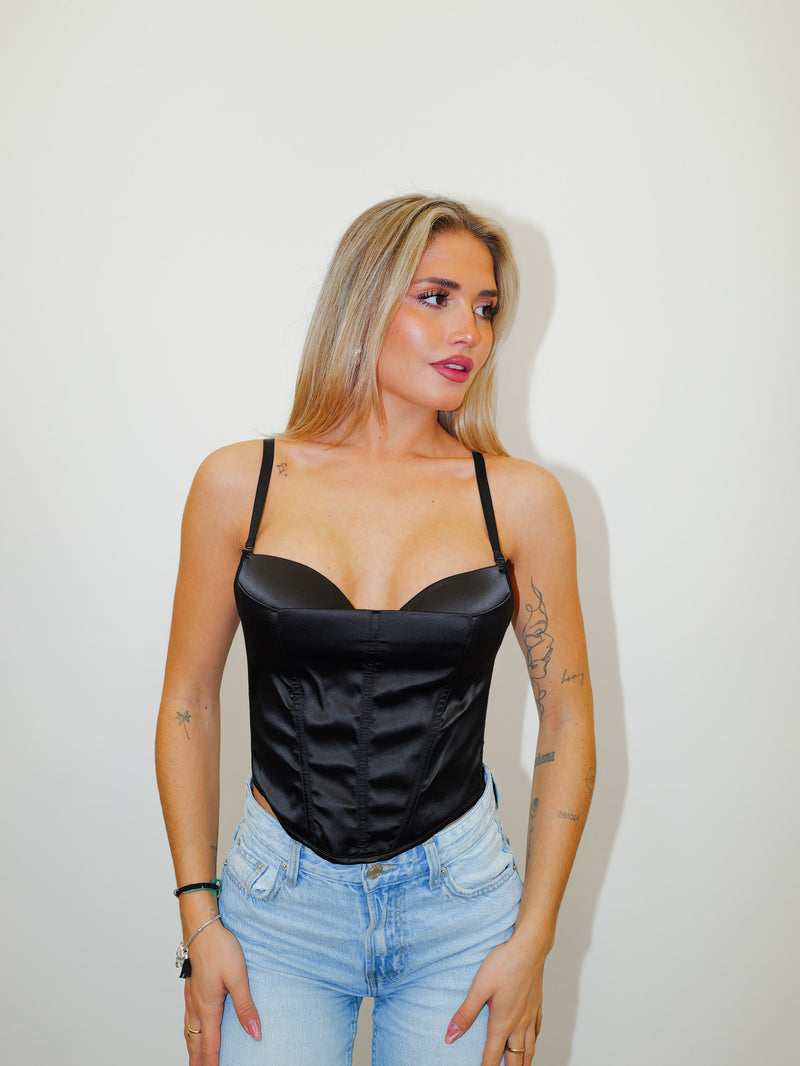 Top bustier en satin corseté noir