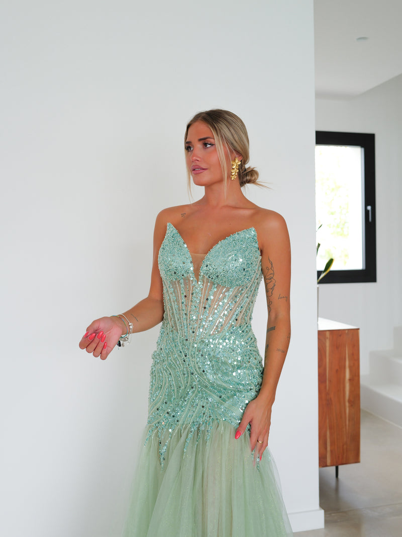 Robe bodycon sirène avec strass menthe