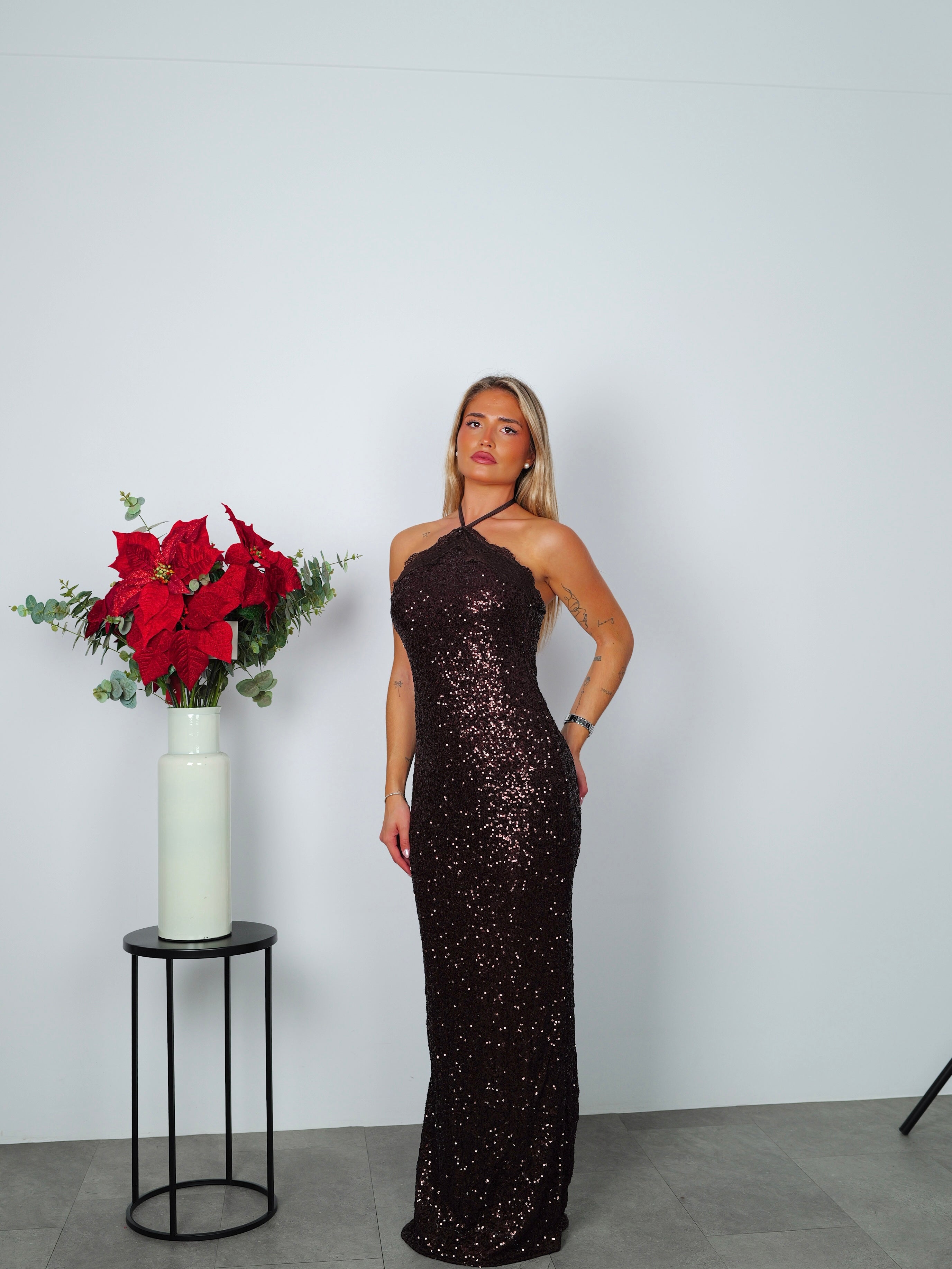 Robe dos nu à paillettes chocolat