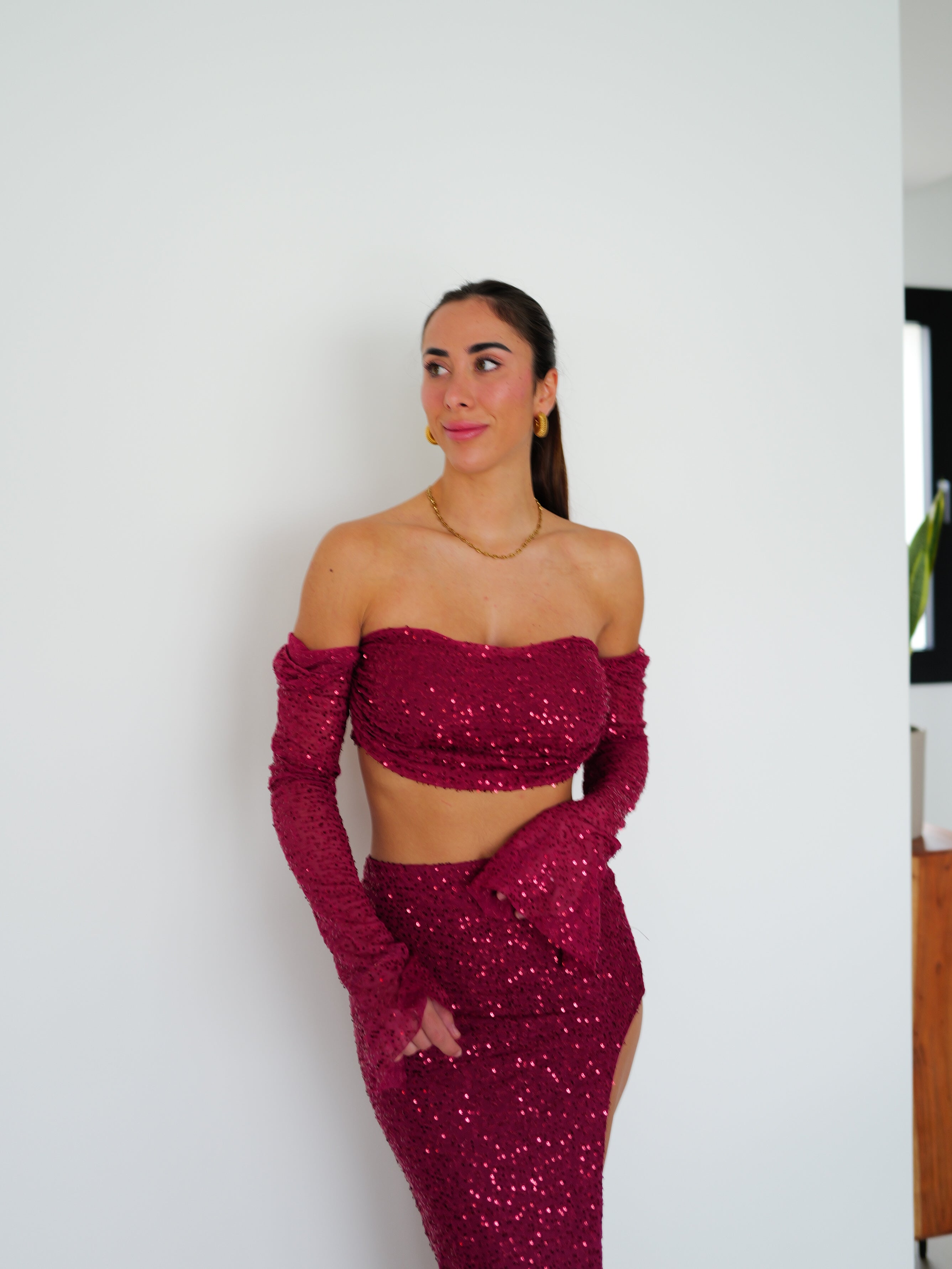 Ensemble midi à paillettes bourgogne