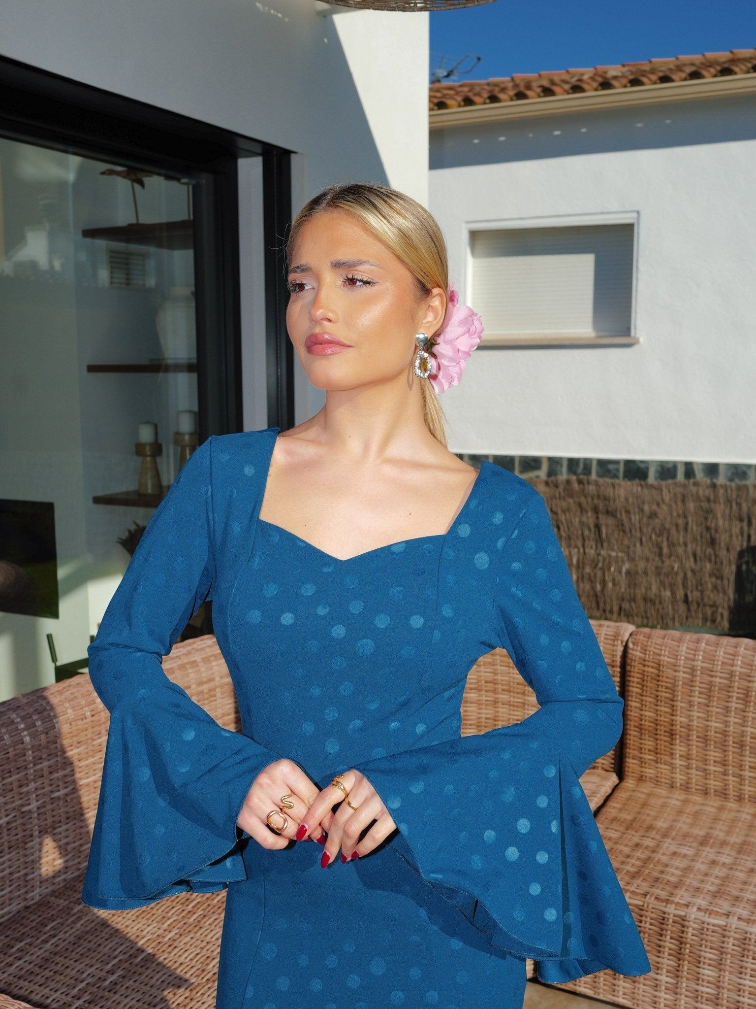 Robe flamenca à volants à pois bleu pétrole - SORELLAS