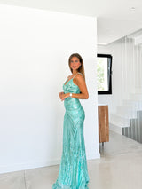 Robe imprimée en strass turquoise