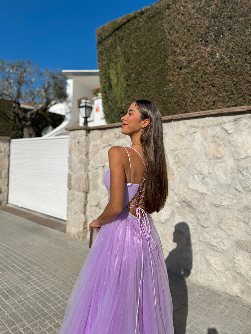 Robe à bretelles spaghetti en tulle lilas