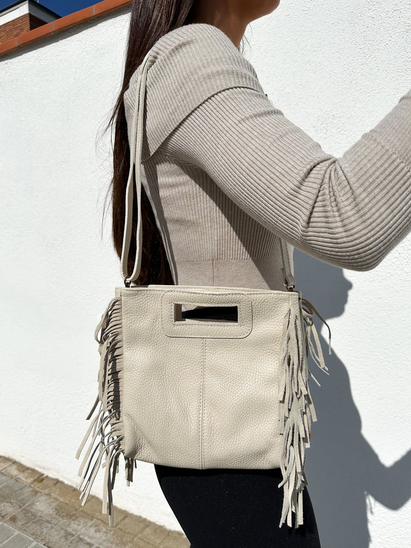 Sac en cuir lisse frangé crème