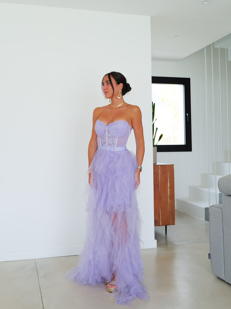 Robe à corset dentelle volants lilas