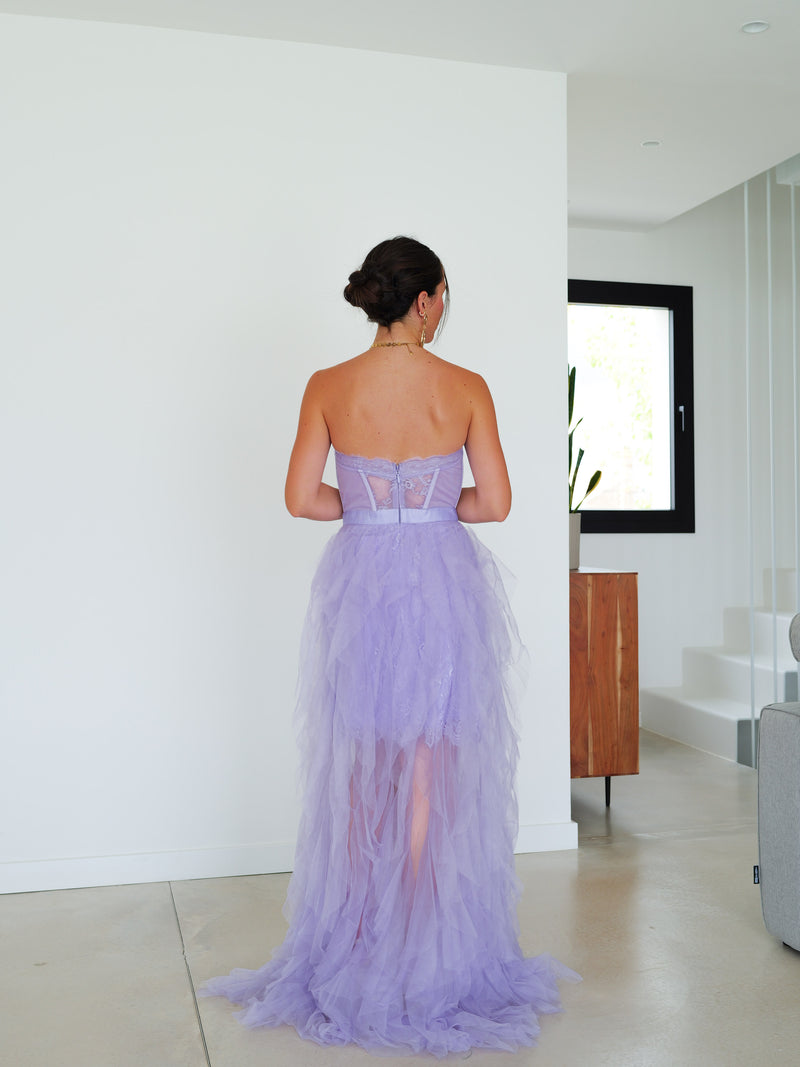 Robe à corset dentelle volants lilas