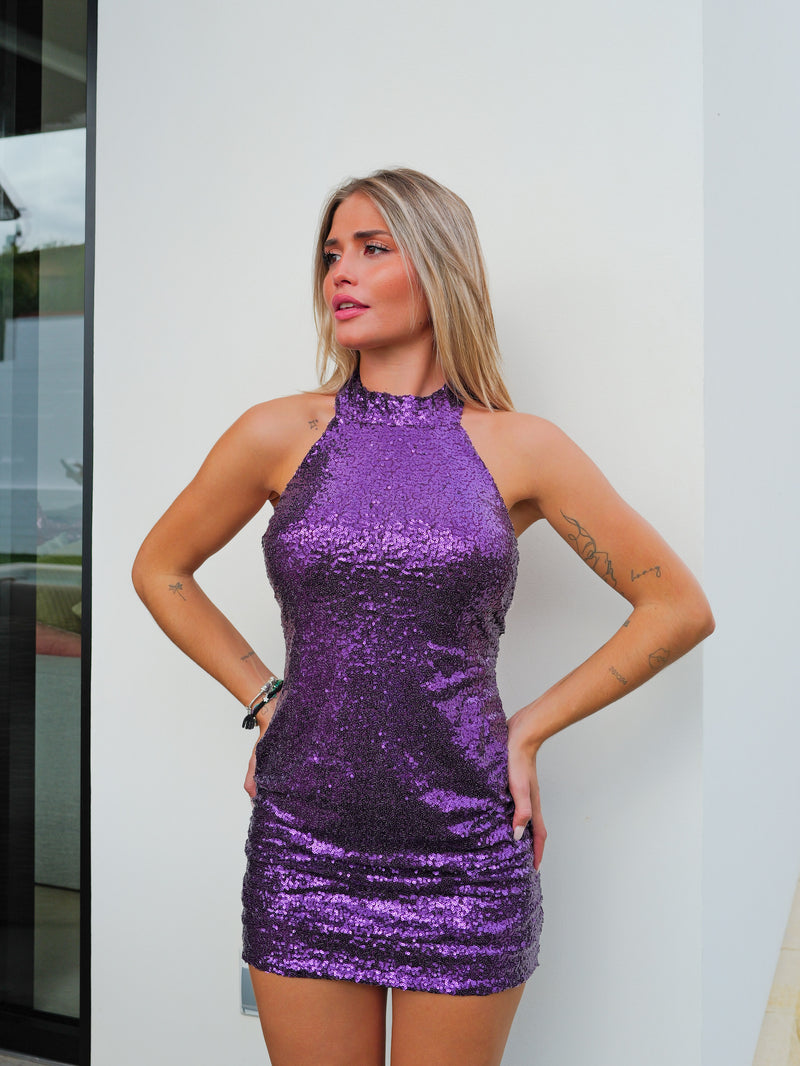 Robe dos nu à paillettes violettes