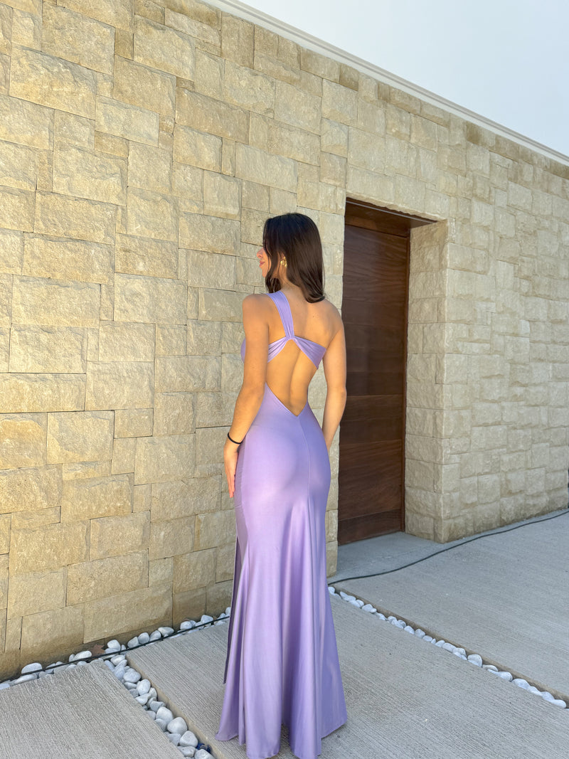 Robe asymétrique lilas avec nœud au dos