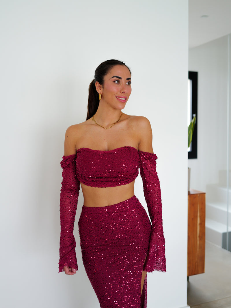 Ensemble midi à paillettes bourgogne