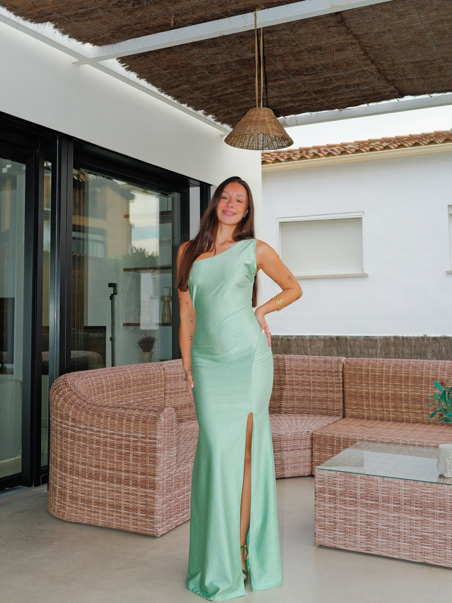 Robe asymétrique dos nu menthe - SORELLAS