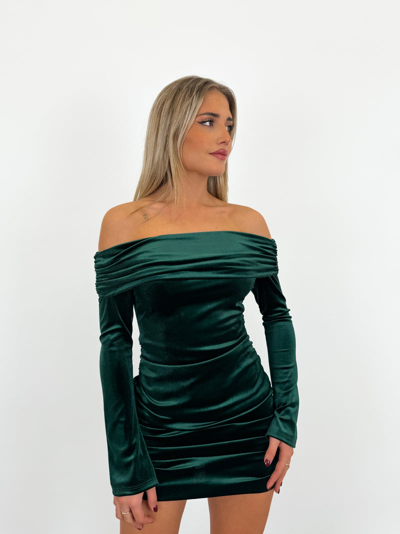 Robe bardot en velours bouteille