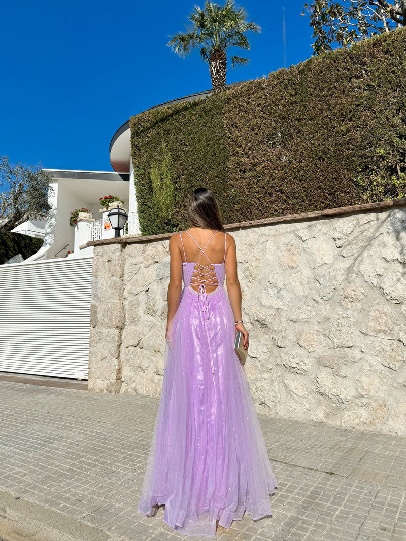 Robe à bretelles spaghetti en tulle lilas