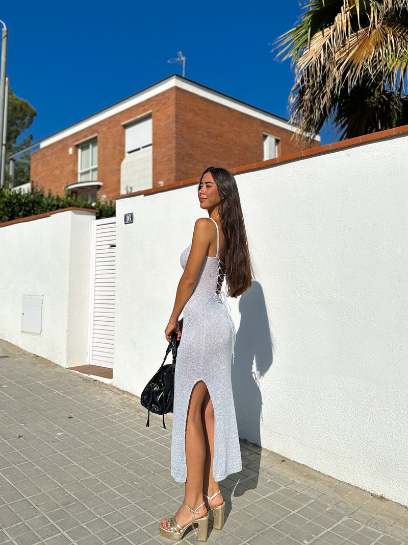 Robe midi en maille argentée