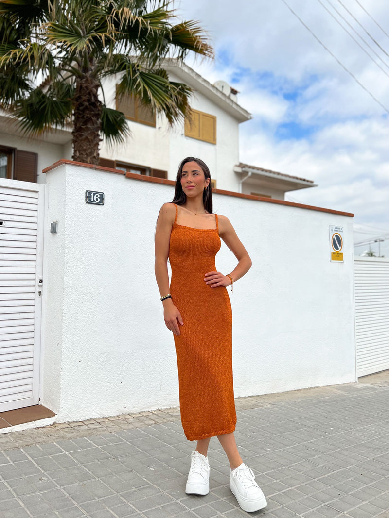 Robe midi en maille orange