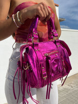 Sac à boucle en cuir pailleté fuchsia