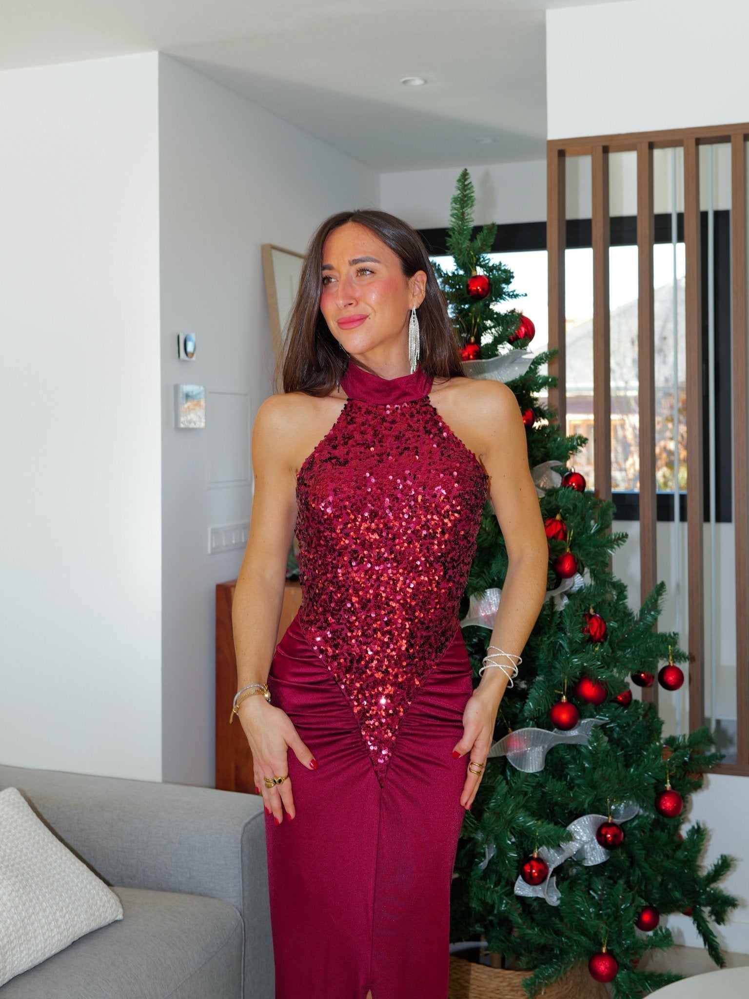 Robe longue dos nu à encolure pailletée bordeaux - Sorellas The Brand Barcelona S.L