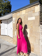 Robe en tulle fuchsia à col en V