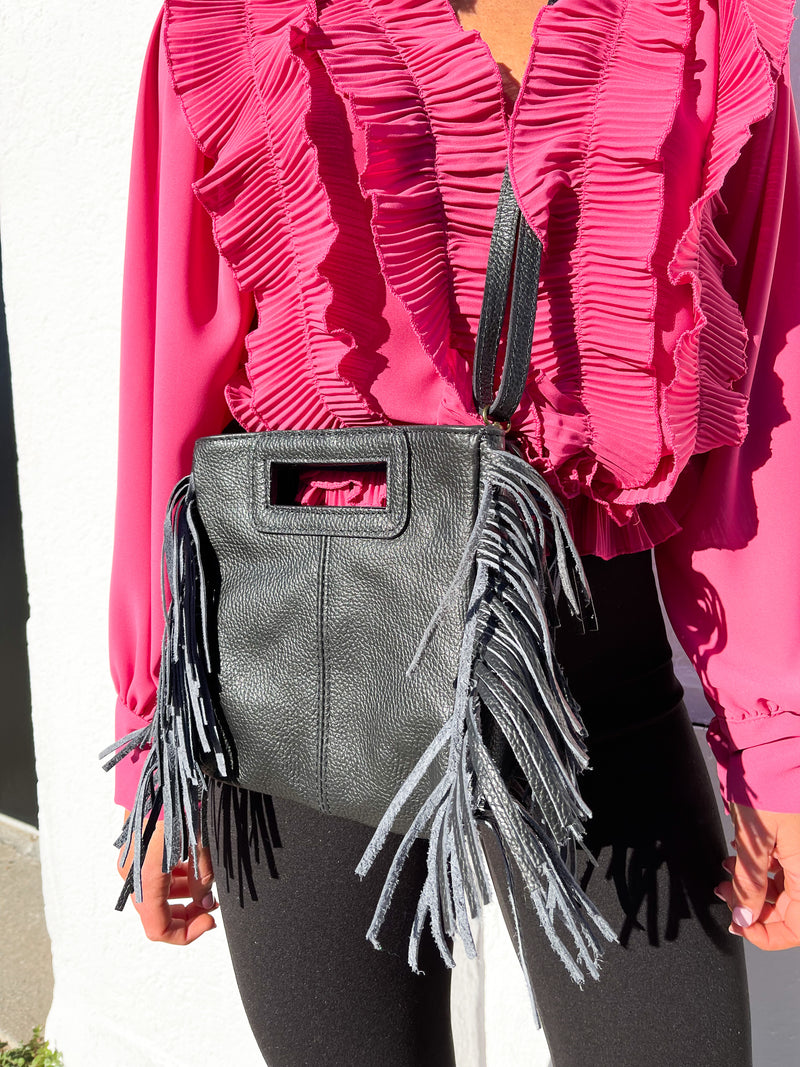 Sac en cuir lisse avec franges noir