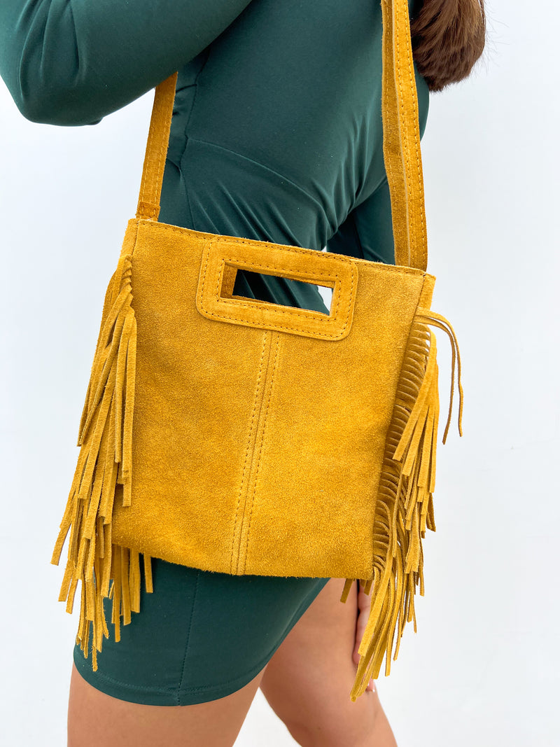 Sac en cuir jaune à franges