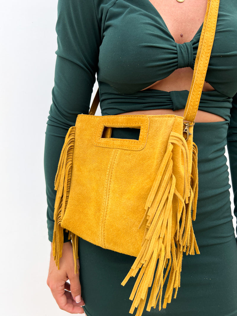 Sac en cuir jaune à franges