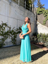 Robe en tulle turquoise à col en V